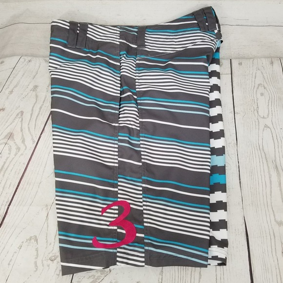 Three by Keith Lidberg Boardshorts Blue Gray Striped Graphic Hybrid Swim Trunks - Picture 5 of 11